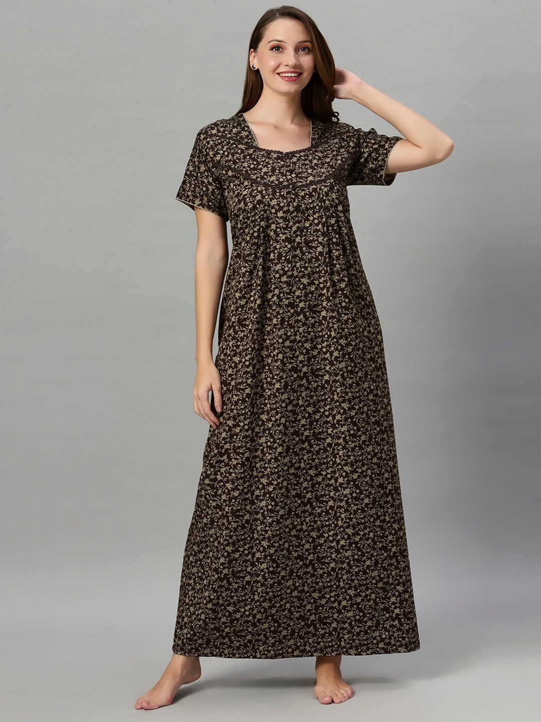 

QUIRA Floral Printed Maxi Nightdress, Brown