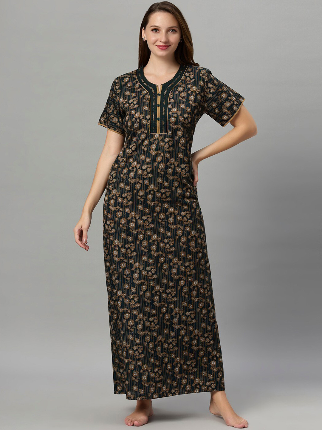 

QUIRA Floral Printed Maxi Nightdress, Green