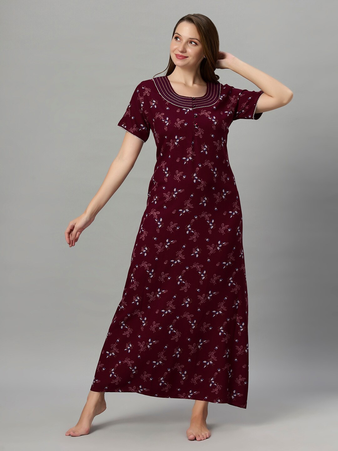 

QUIRA Floral Printed Maxi Nightdress, Maroon