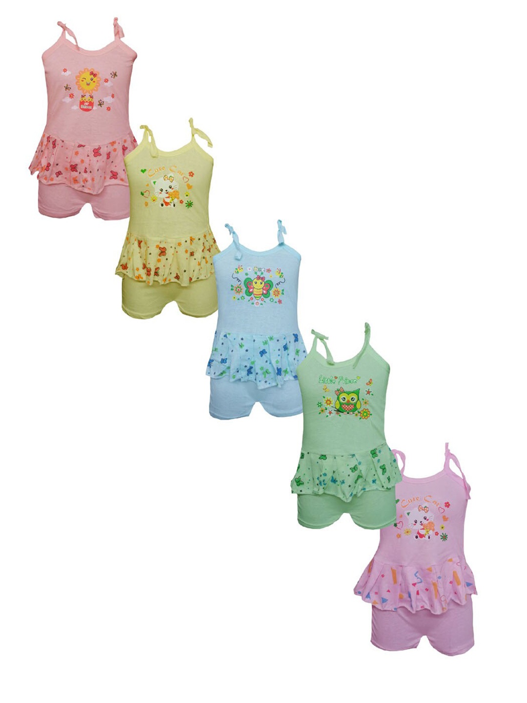 

MRB Boys Pack of 5 Shoulder Straps Pure Cotton Printed Top with Shorts, Green