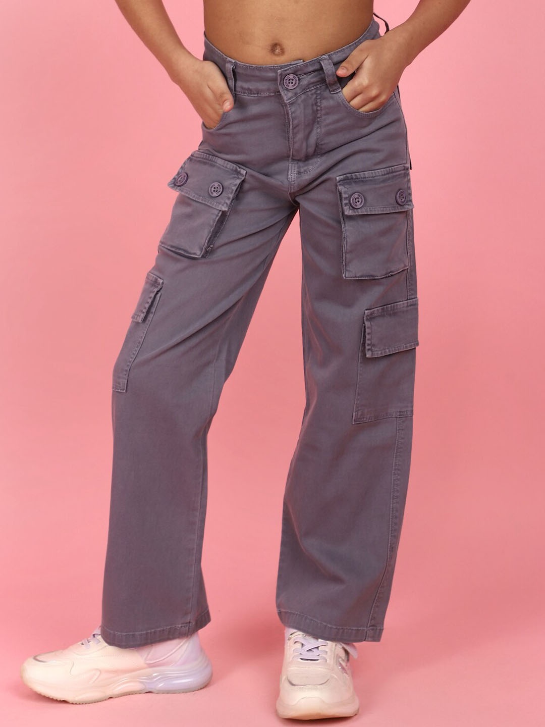 

V-Mart Girls Straight Fit Cotton High-Rise Cargo Jeans, Lavender