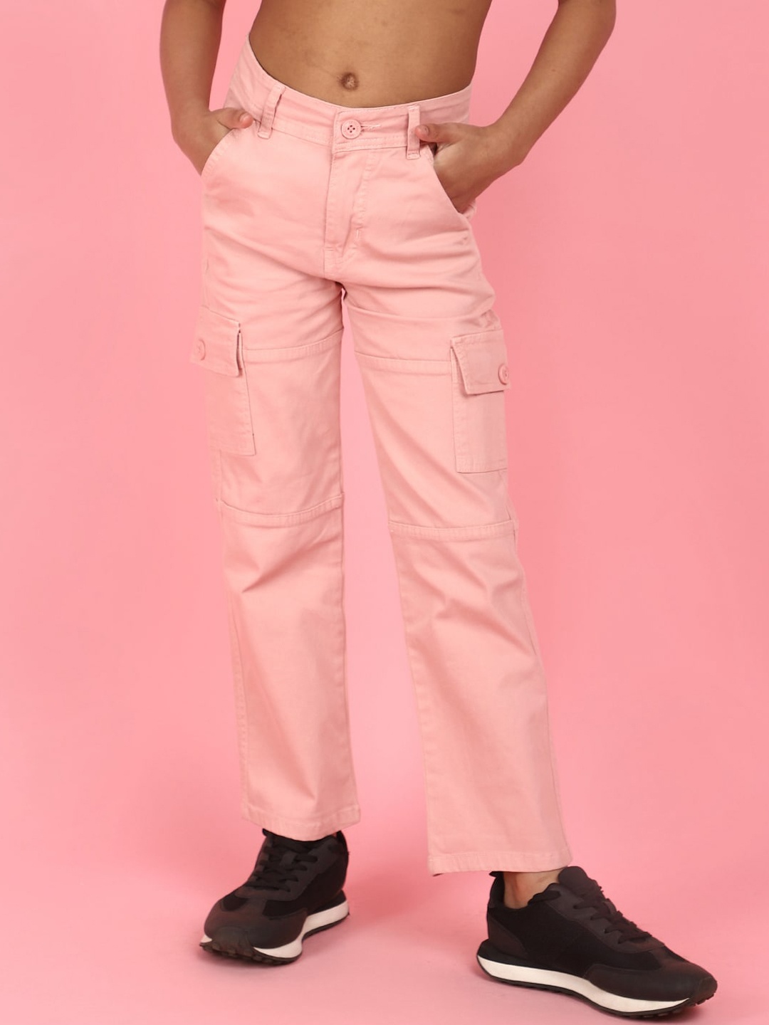 

V-Mart Girls Mid Rise Clean Look Cotton Cargo Jeans, Pink