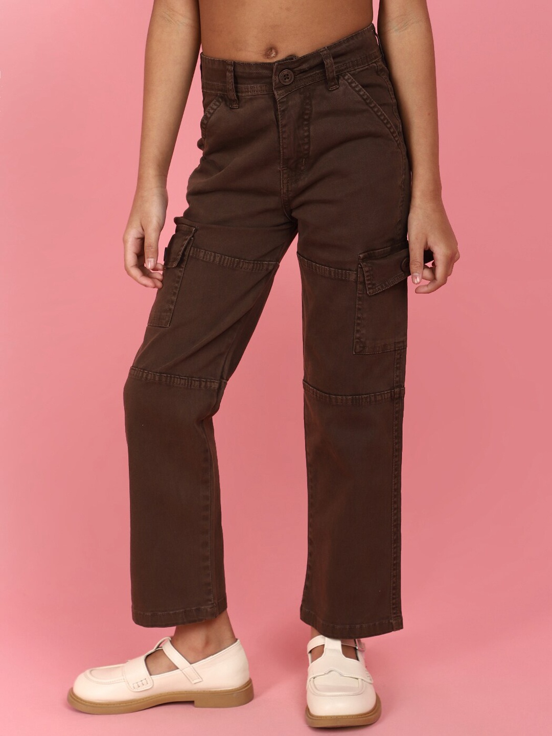 

V-Mart Girls Mid Rise Clean Look Cotton Cargo Jeans, Brown