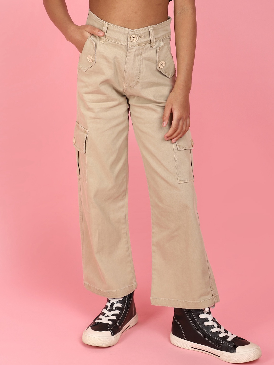 

V-Mart Girls Mid-Rise Coloured Shade Clean Look Cotton Cargo Jeans, Beige