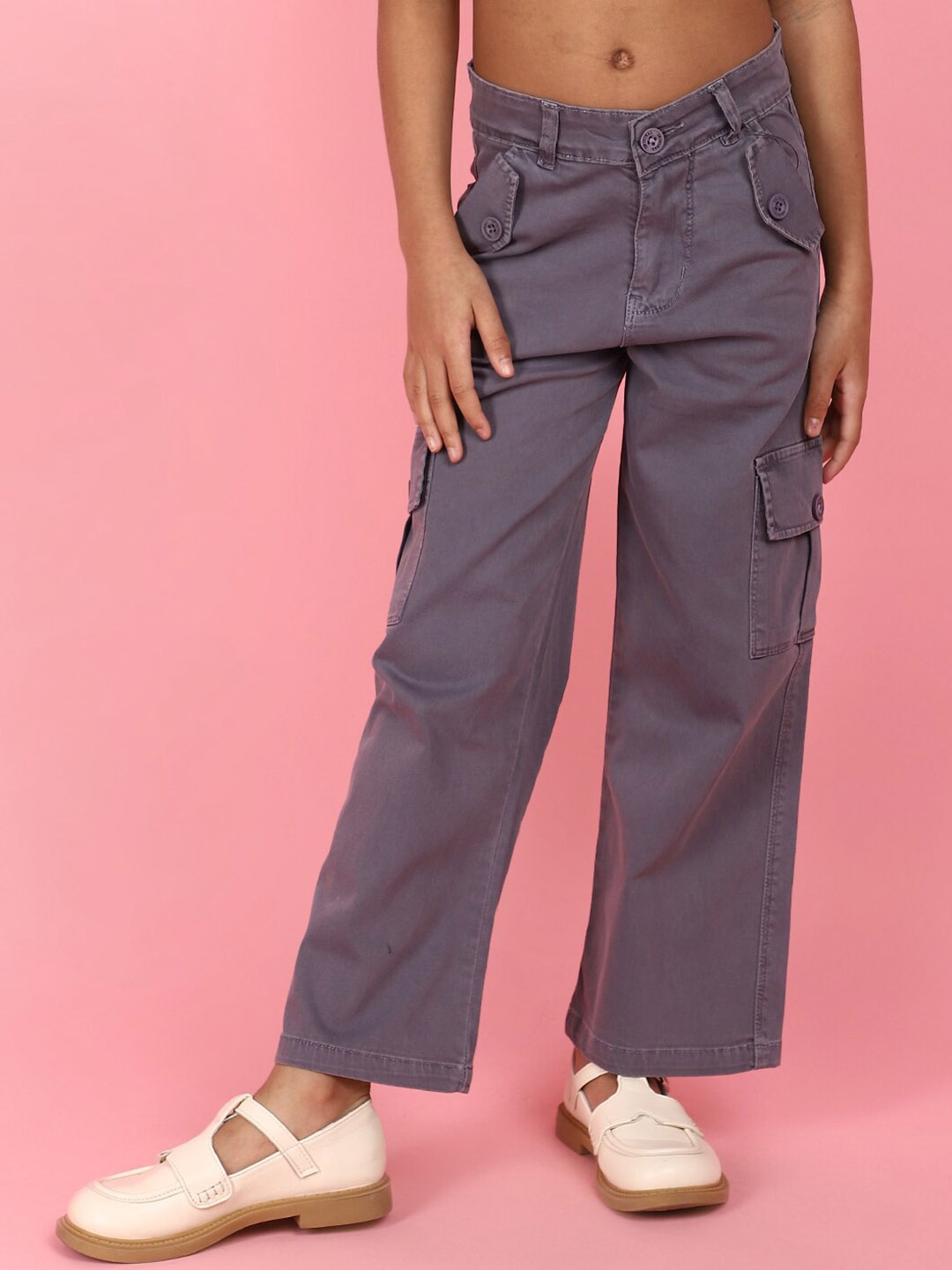 

V-Mart Girls Mid-Rise Coloured Shade Clean Look Cotton Cargo Jeans, Lavender