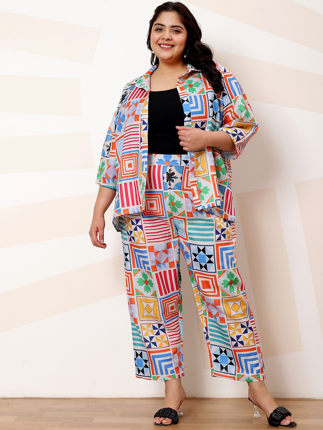 

Athena Ample Plus Size Printed Linen Shirt With Trousers Co-Ords, White