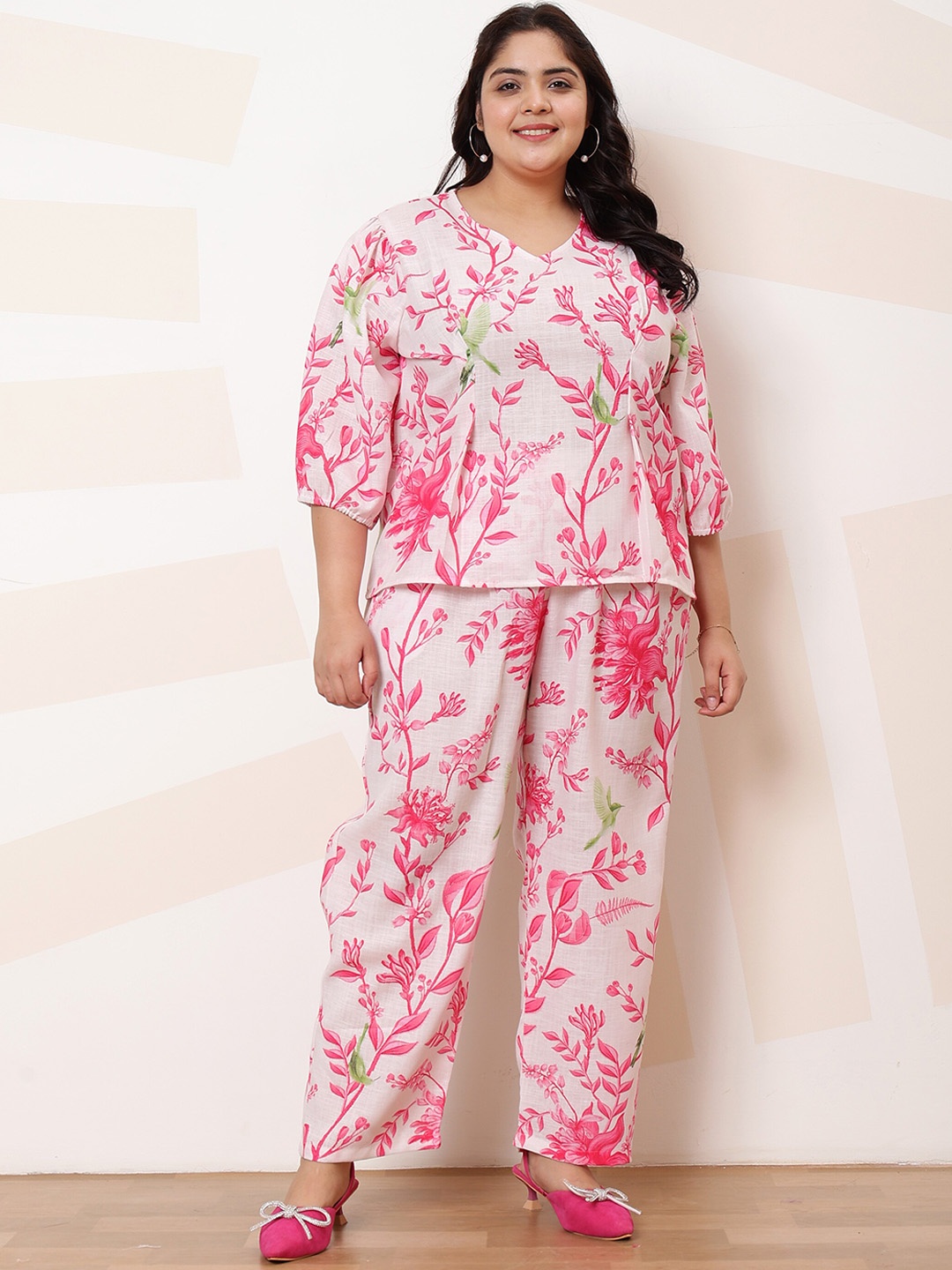 

Athena Ample Plus Size Floral Printed Top With Trousers Co-Ords, White