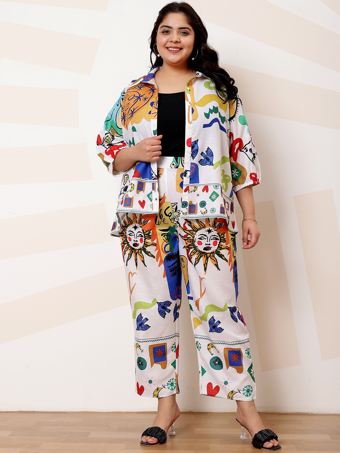 

Athena Ample Plus Size Printed Linen Shirt With Trousers Co-Ords, White
