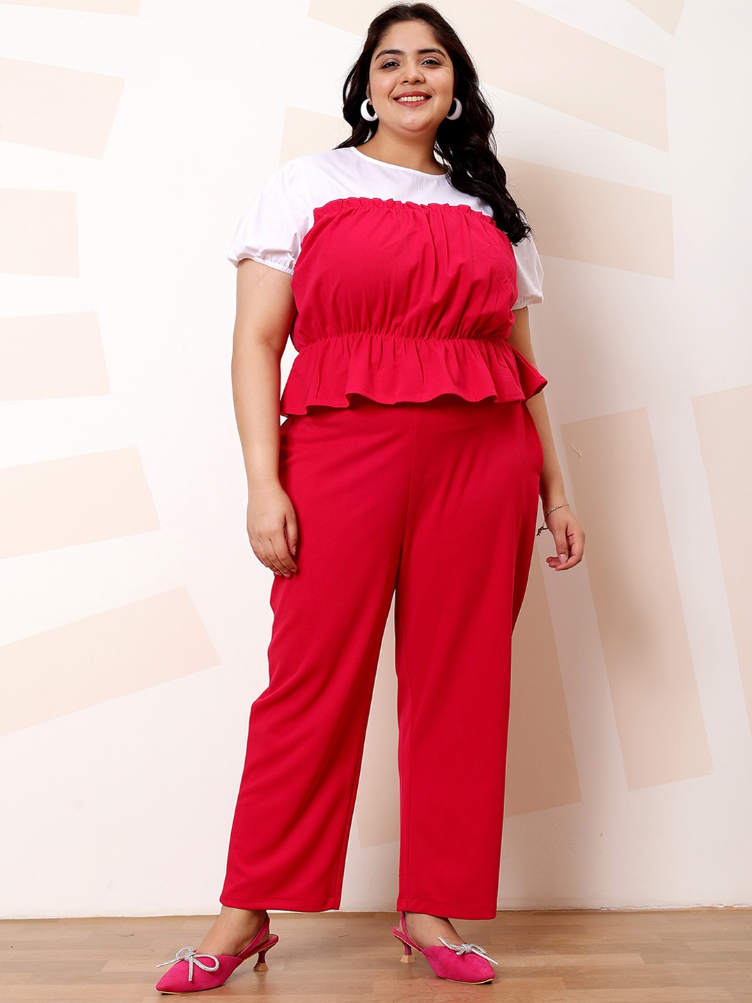 

Athena Ample Plus Size Colourblocked Top With Trousers Co-Ords, Fuchsia