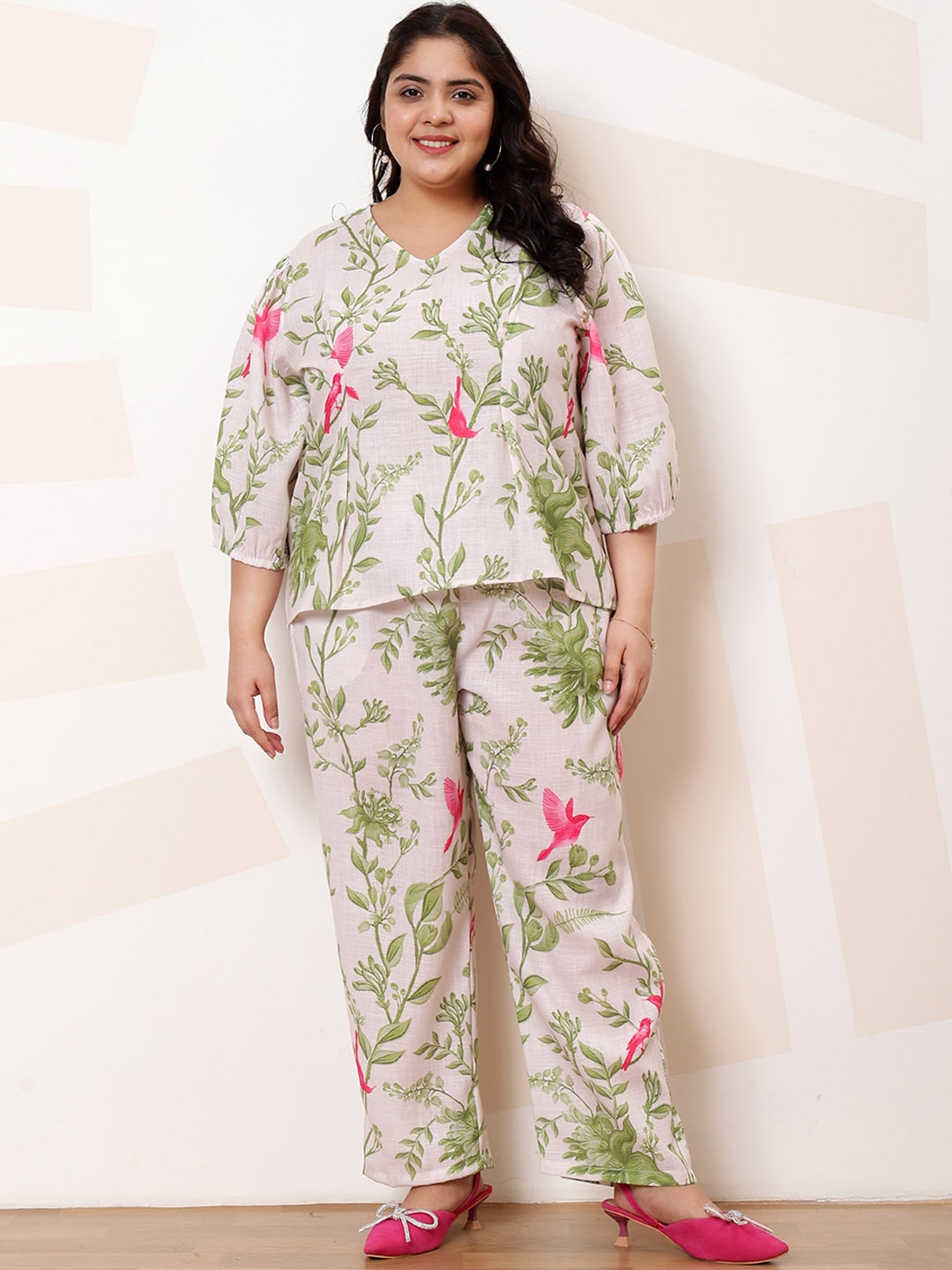 

Athena Ample Plus Size Floral Printed Top With Trousers Co-Ords, Off white