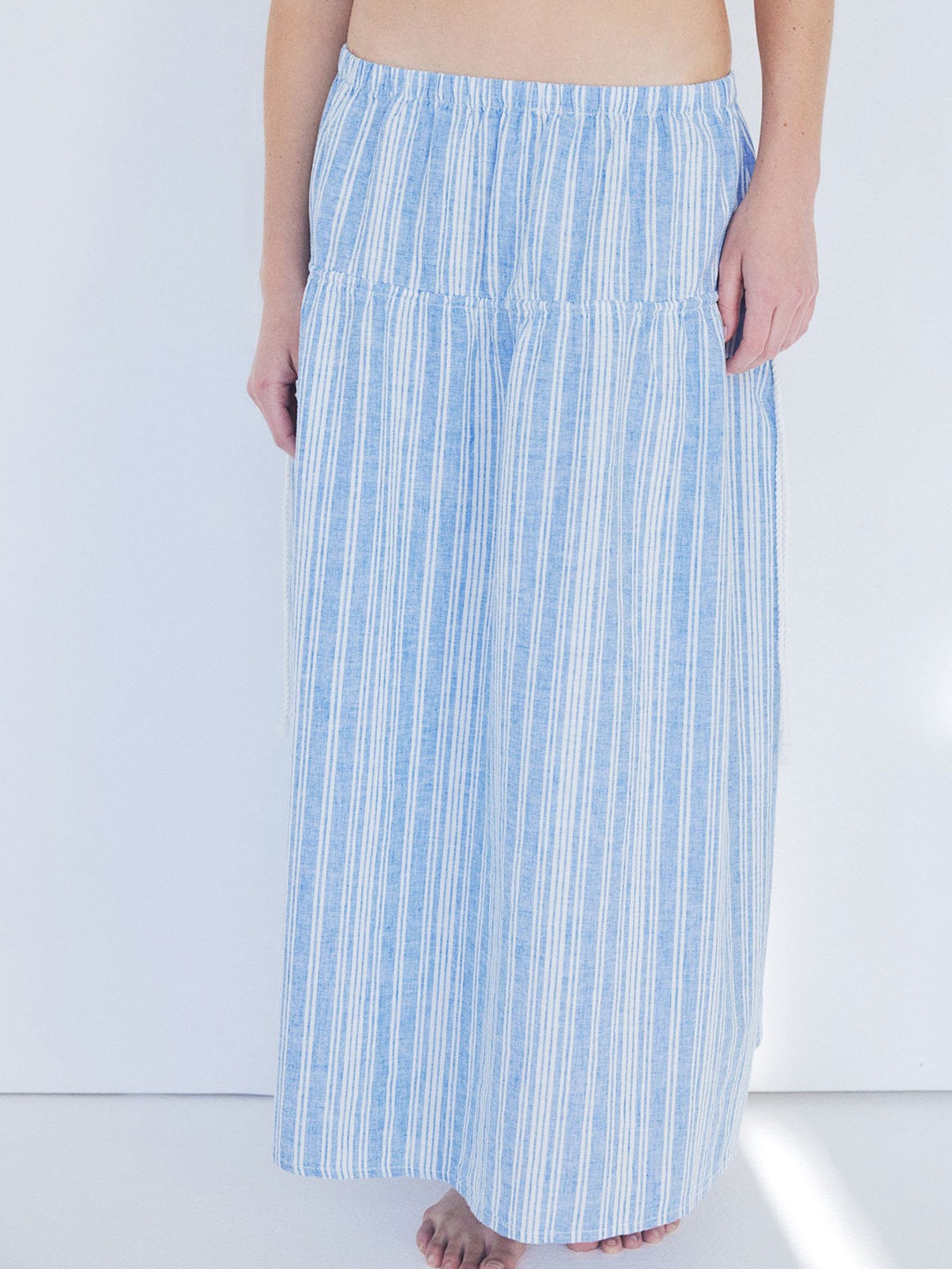 

H&M Linen- Blend Drawstring-Detail Skirt, Blue