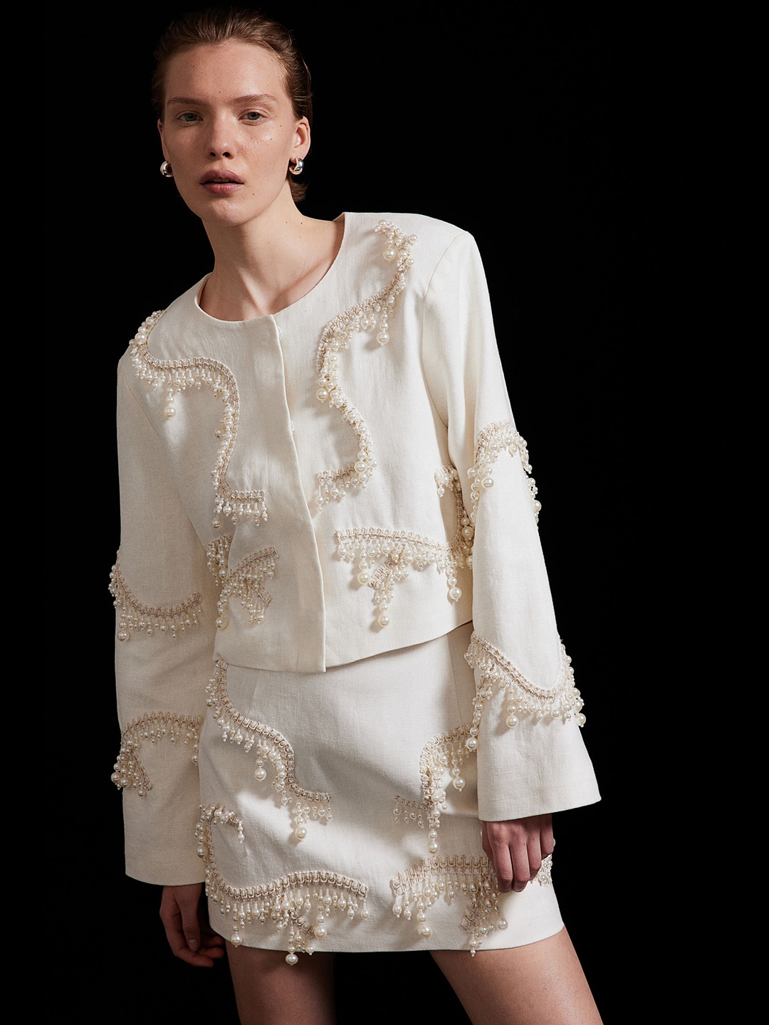 

H&M Bead-Embellished Linen Skirt, White