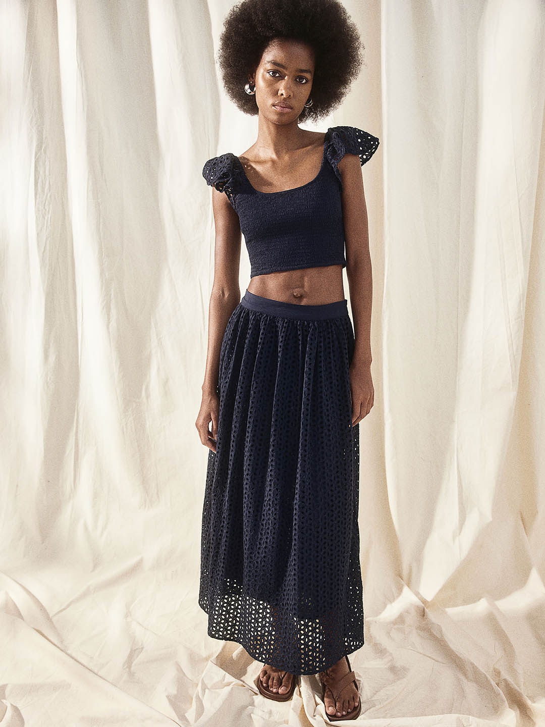 

H&M Pure Cotton Broderie Anglaise Maxi Skirt, Navy blue