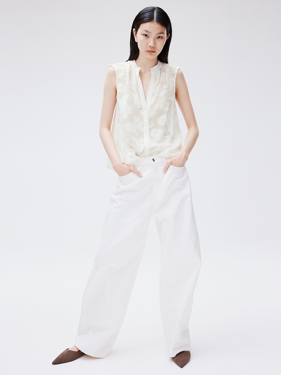 

H&M Jacquard-Weave Sleeveless Blouse, White
