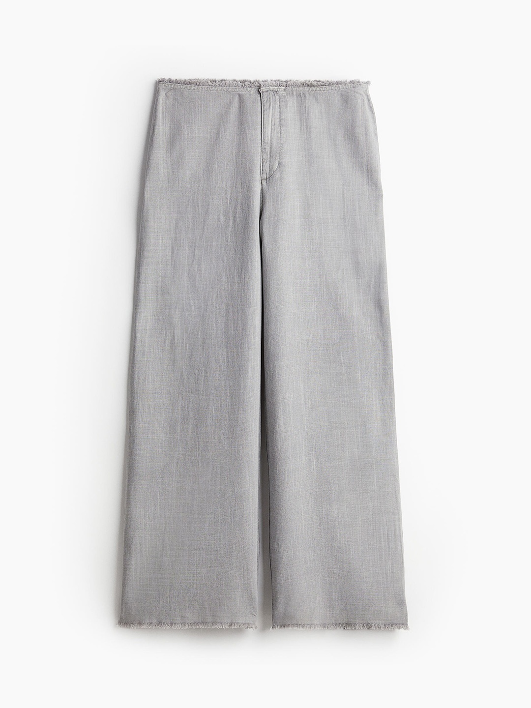 

H&M Women Frayed-Edge Linen-Blend Trousers, Grey