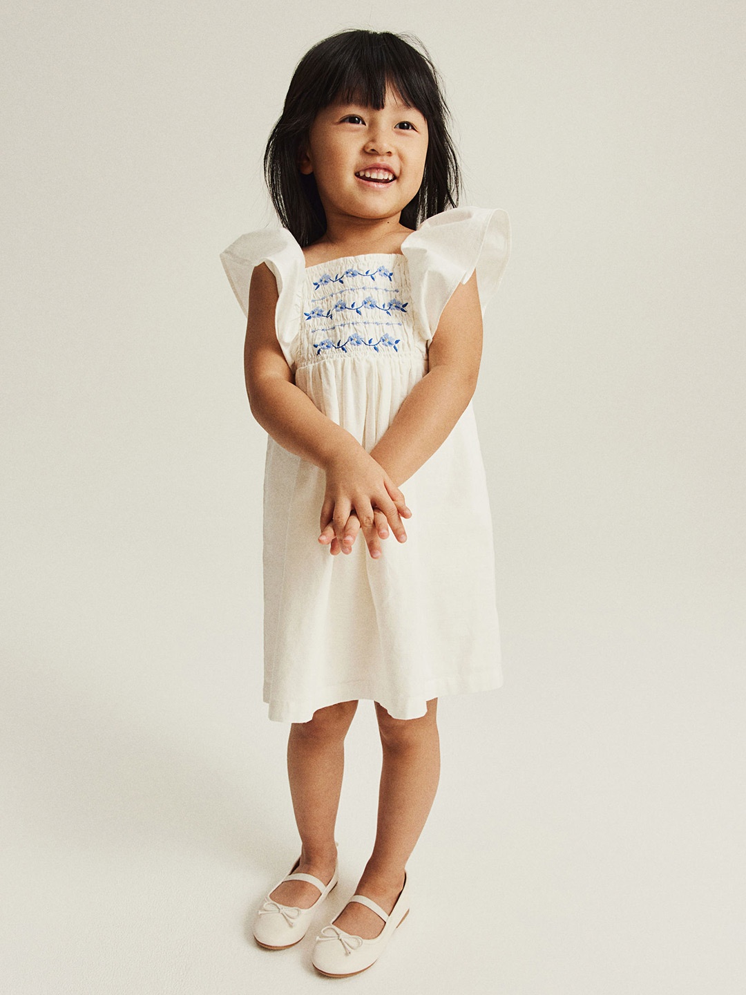 

H&M Girls Smock-Detail Cotton Dress, White