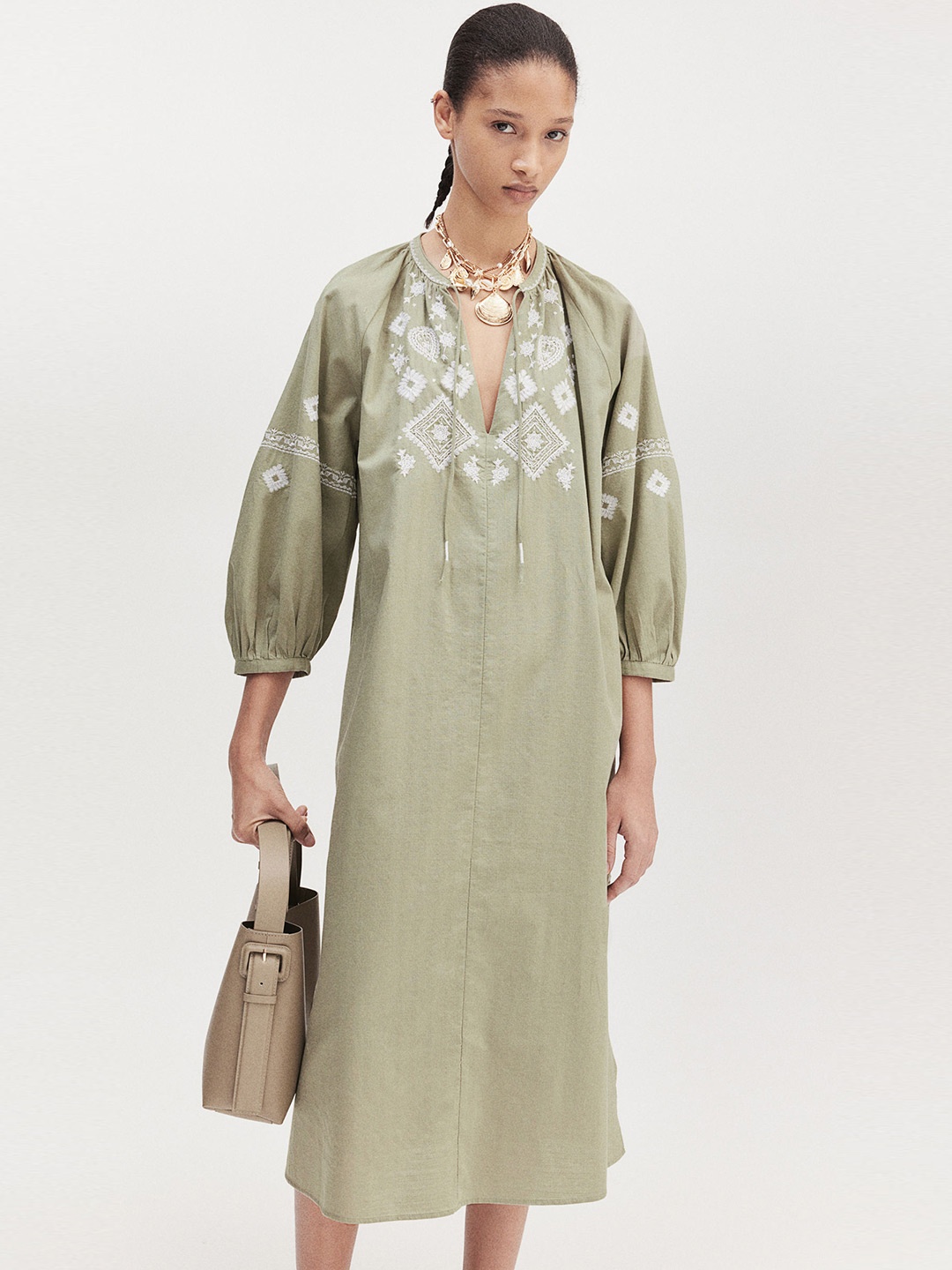 

H&M Pure Cotton Embroidered Dress, Green