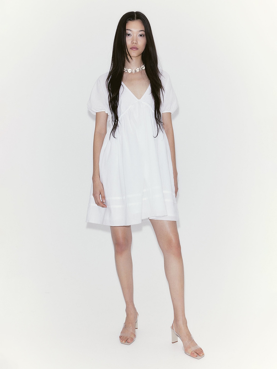 

H&M Pure Cotton Tie-Detail Crinkled Throw-On Dress, White