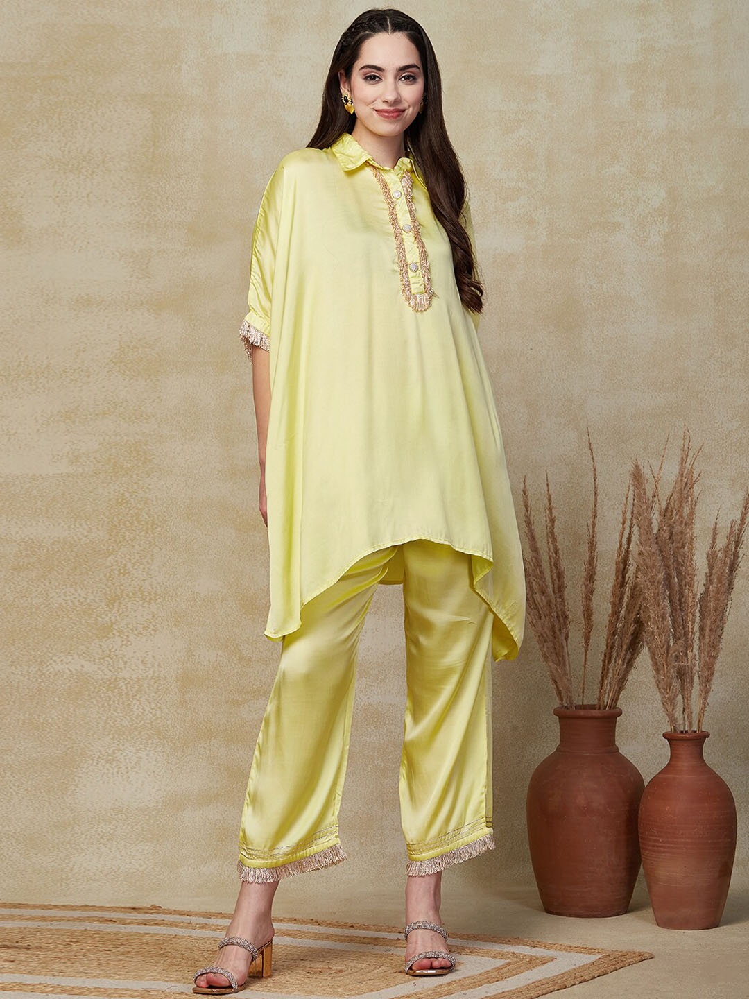 

Envy Me by FASHOR Sequin Shimmer Fringe Laced Kaftan Kurta With Palazzo, Yellow