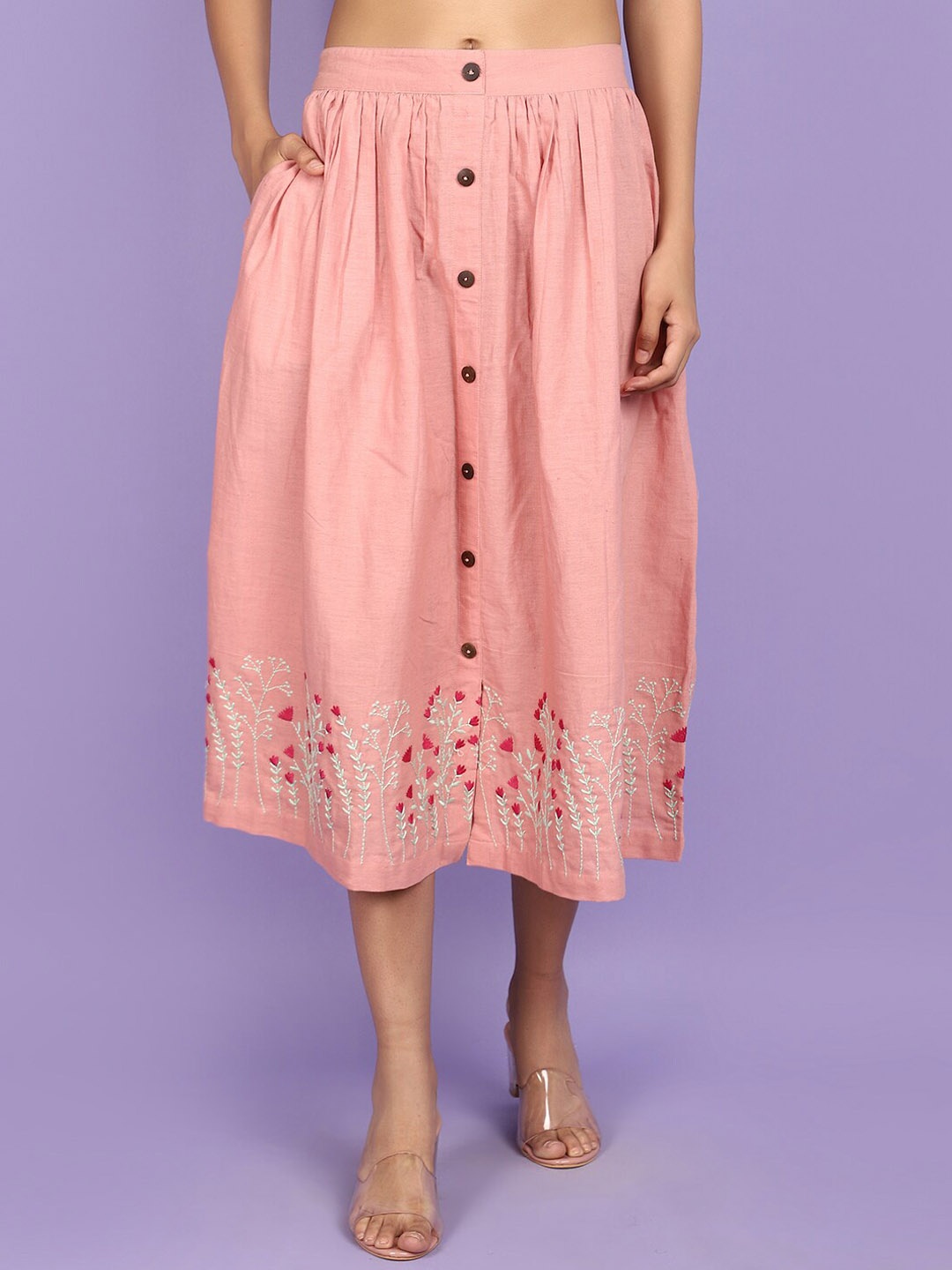 

V-Mart Floral Embroidered Midi Flared Skirts, Pink
