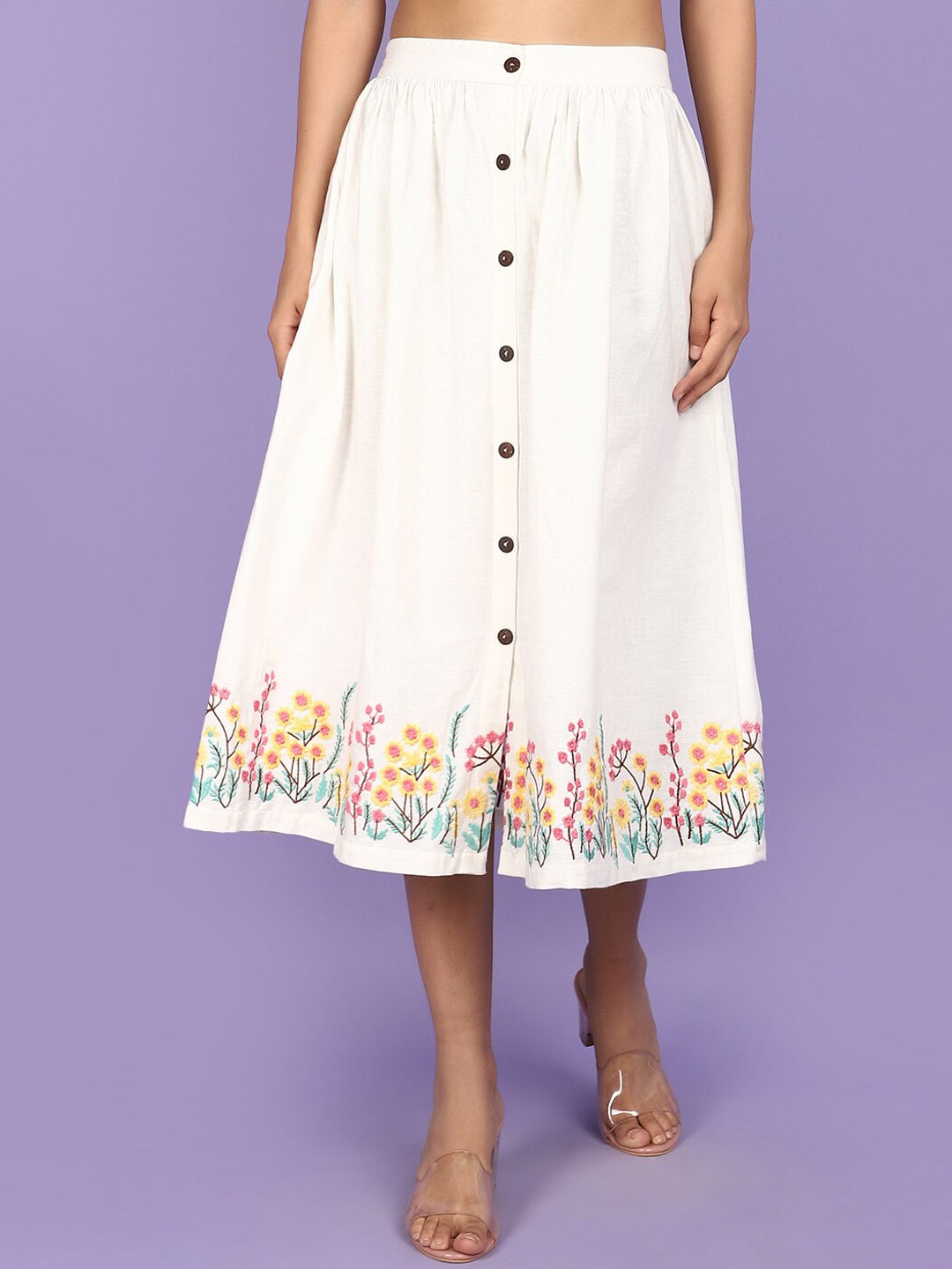 

V-Mart Embroidered Flared Midi Skirt, Off white
