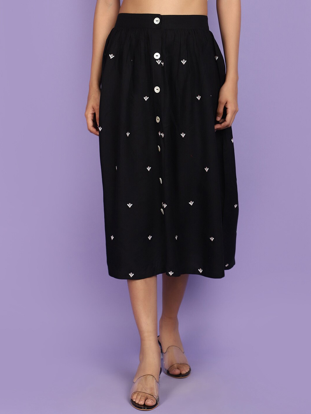 

V-Mart Embroidered Flared Midi Skirt, Black