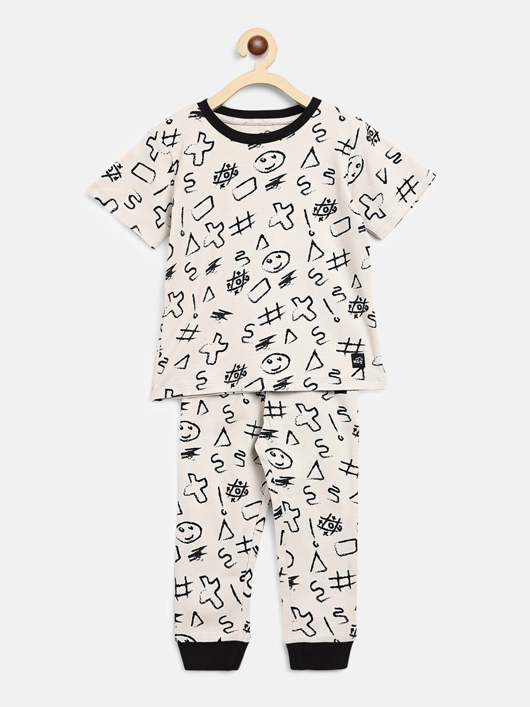 

Whistle & Hops Kids Graphic Printed Pure Cotton Night suit, Cream