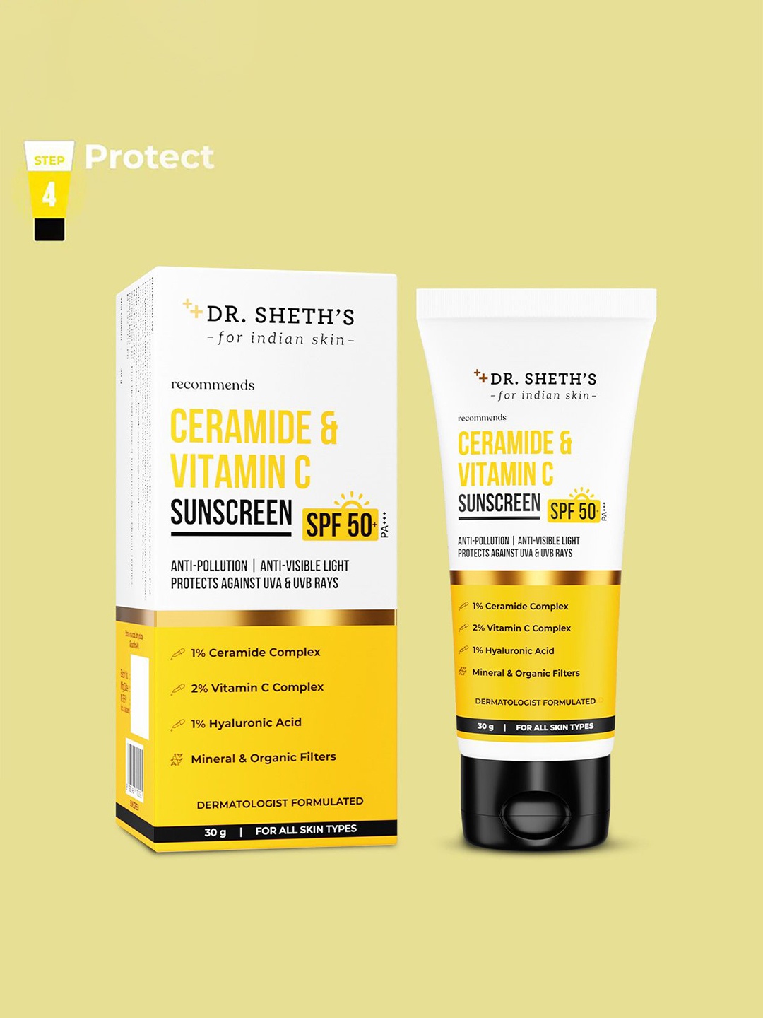 

DR. SHETHS Ceramide & Vitamin C Sunscreen SPF 50+ PA+++ - 30g, White