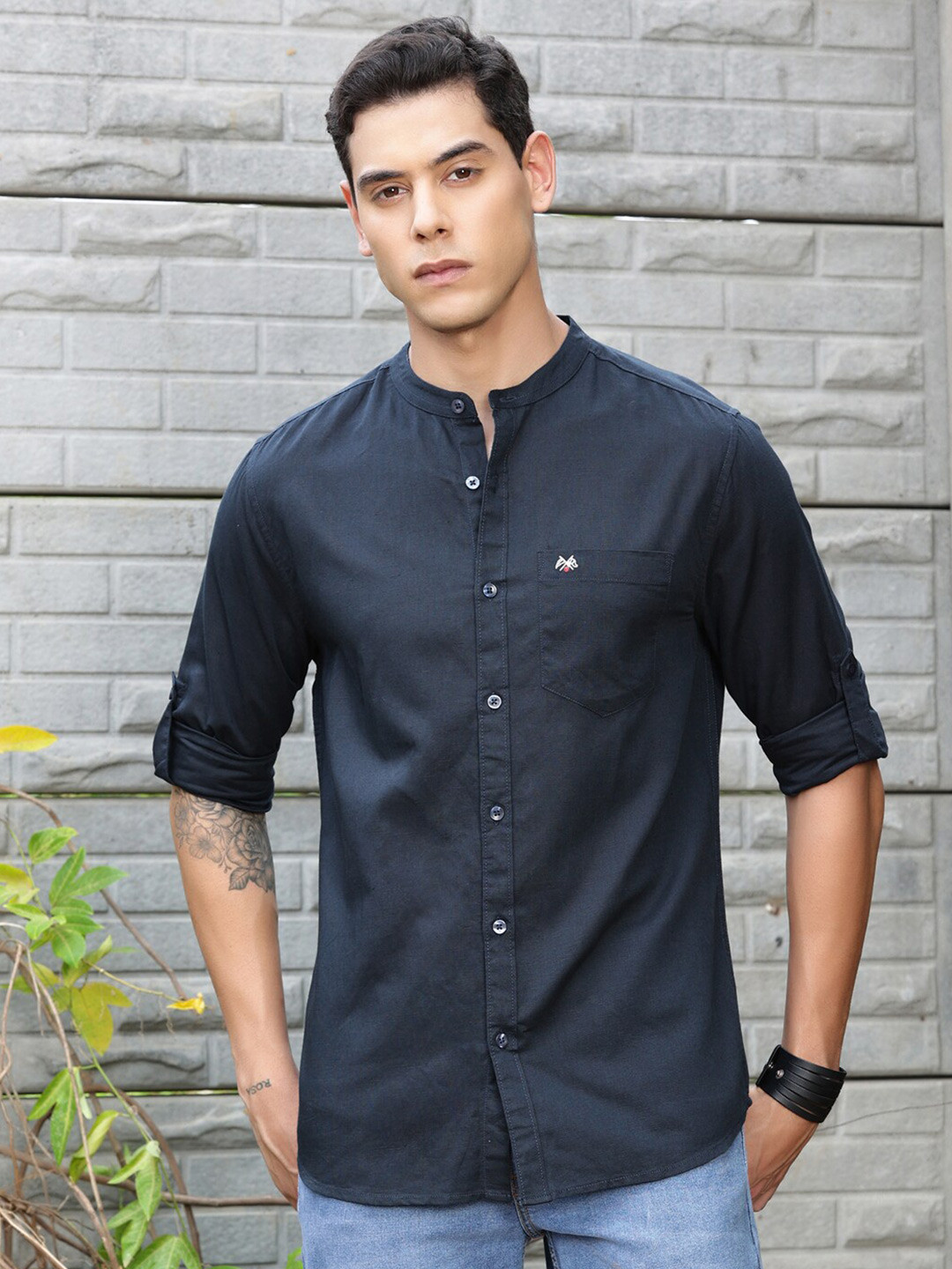 

Thomas Scott Mandarin Collar Premium Cotton Linen Slim Fit Casual Shirt, Navy blue