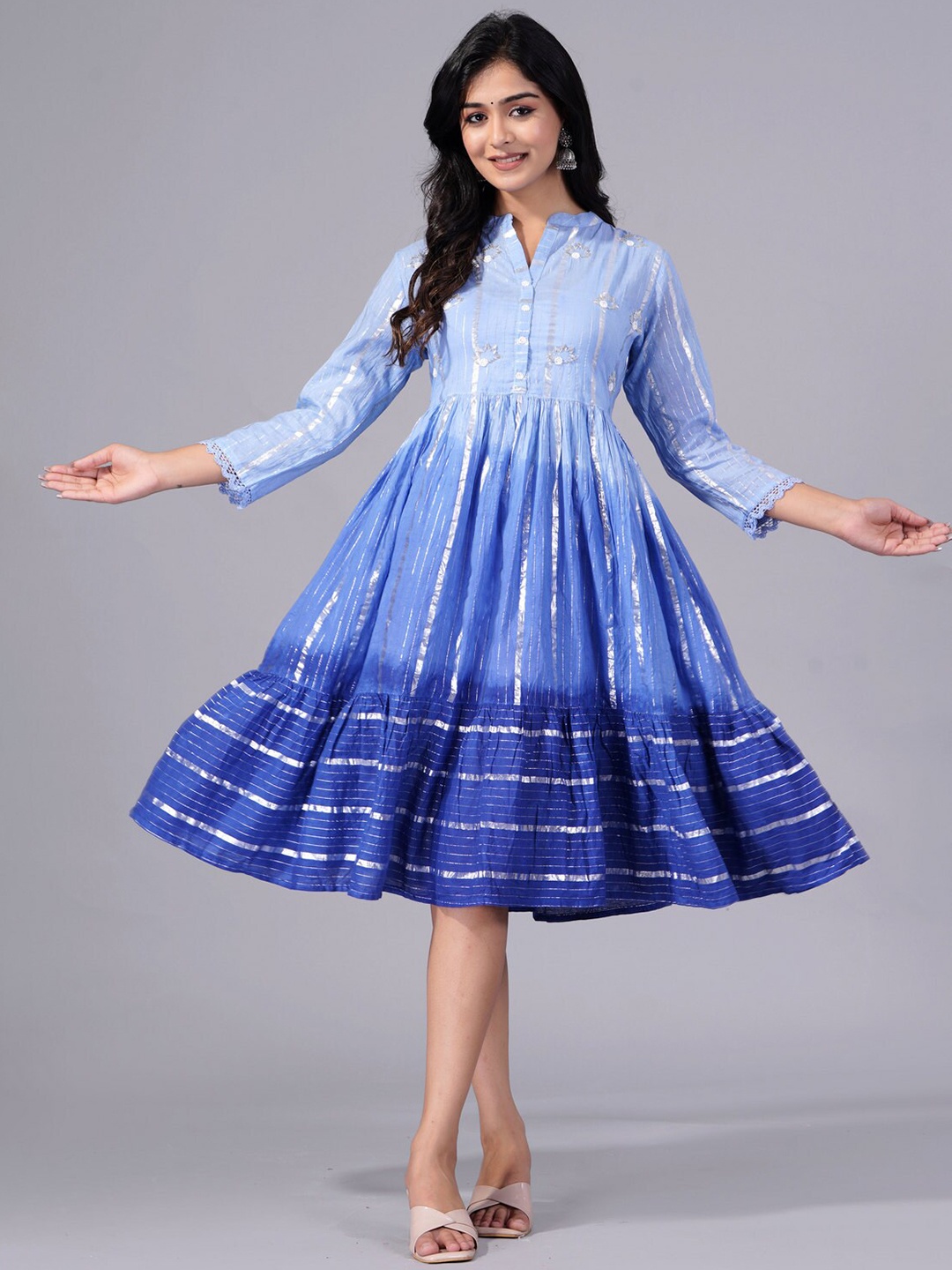

SARAI CREATIONS Band Collar Hand Work Ombre Dyed Cotton Flared Dress, Blue