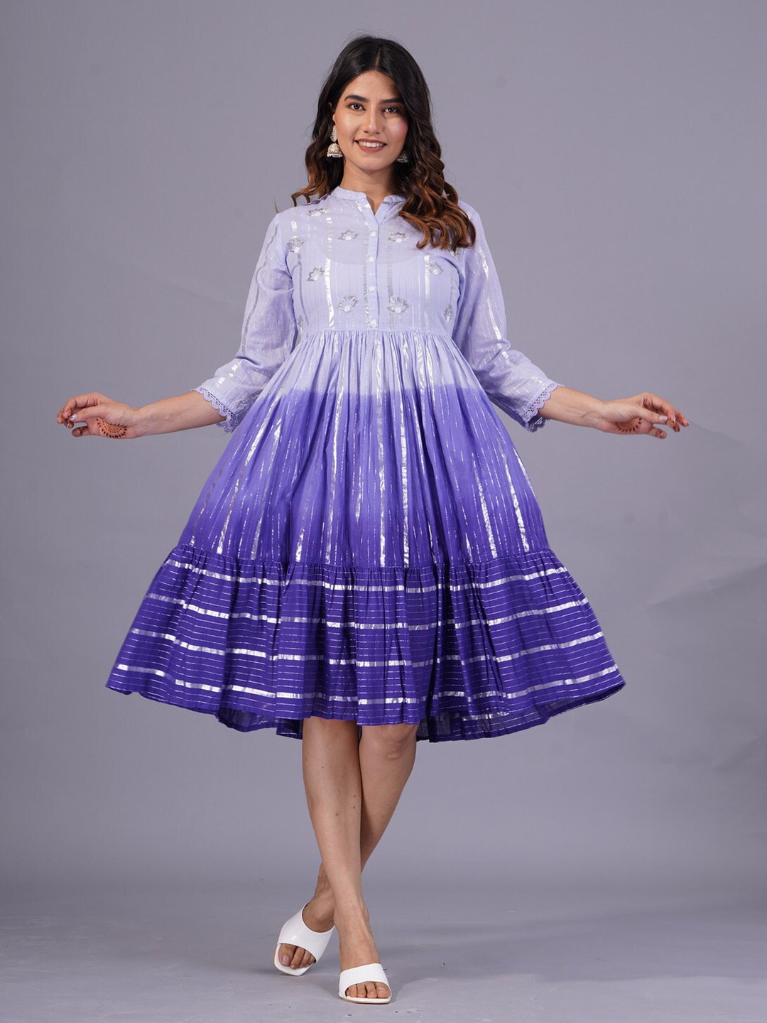 

SARAI CREATIONS Cotton Hand Work Dyed Ombre Fit & Flare Dress, Purple