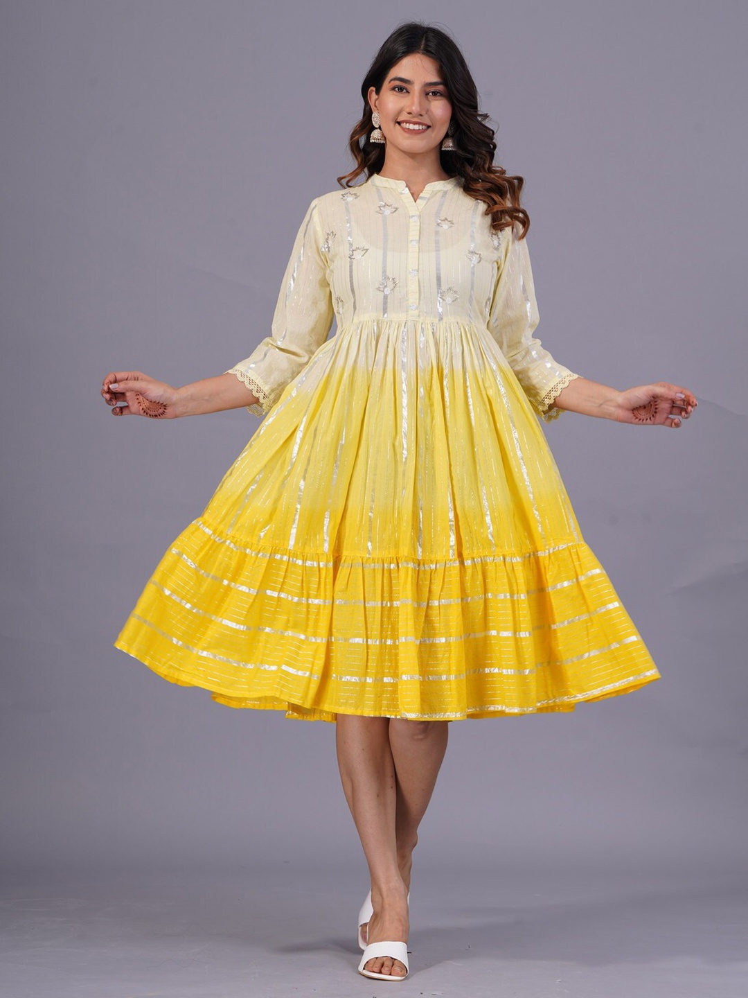 

SARAI CREATIONS Hand Work Dyed Ombre Flared Knee Length Dress, Yellow