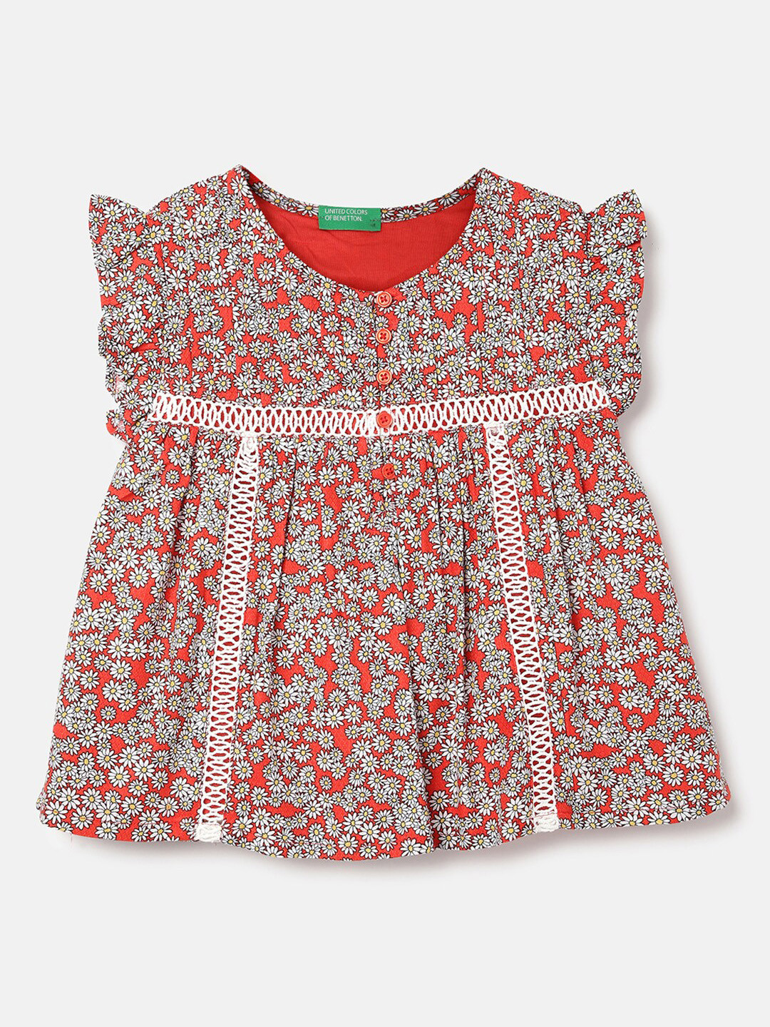 

United Colors of Benetton Girls Floral Print Flutter Sleeve Fit & Flare Dress, Red