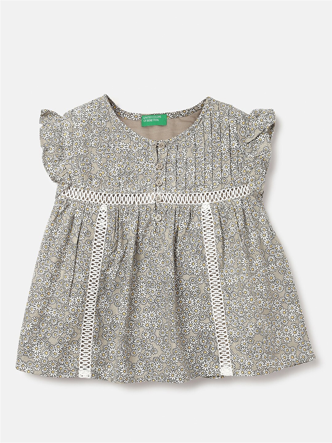 

United Colors of Benetton Girls Floral Printed Flutter Sleeve A-Line Dress, Grey