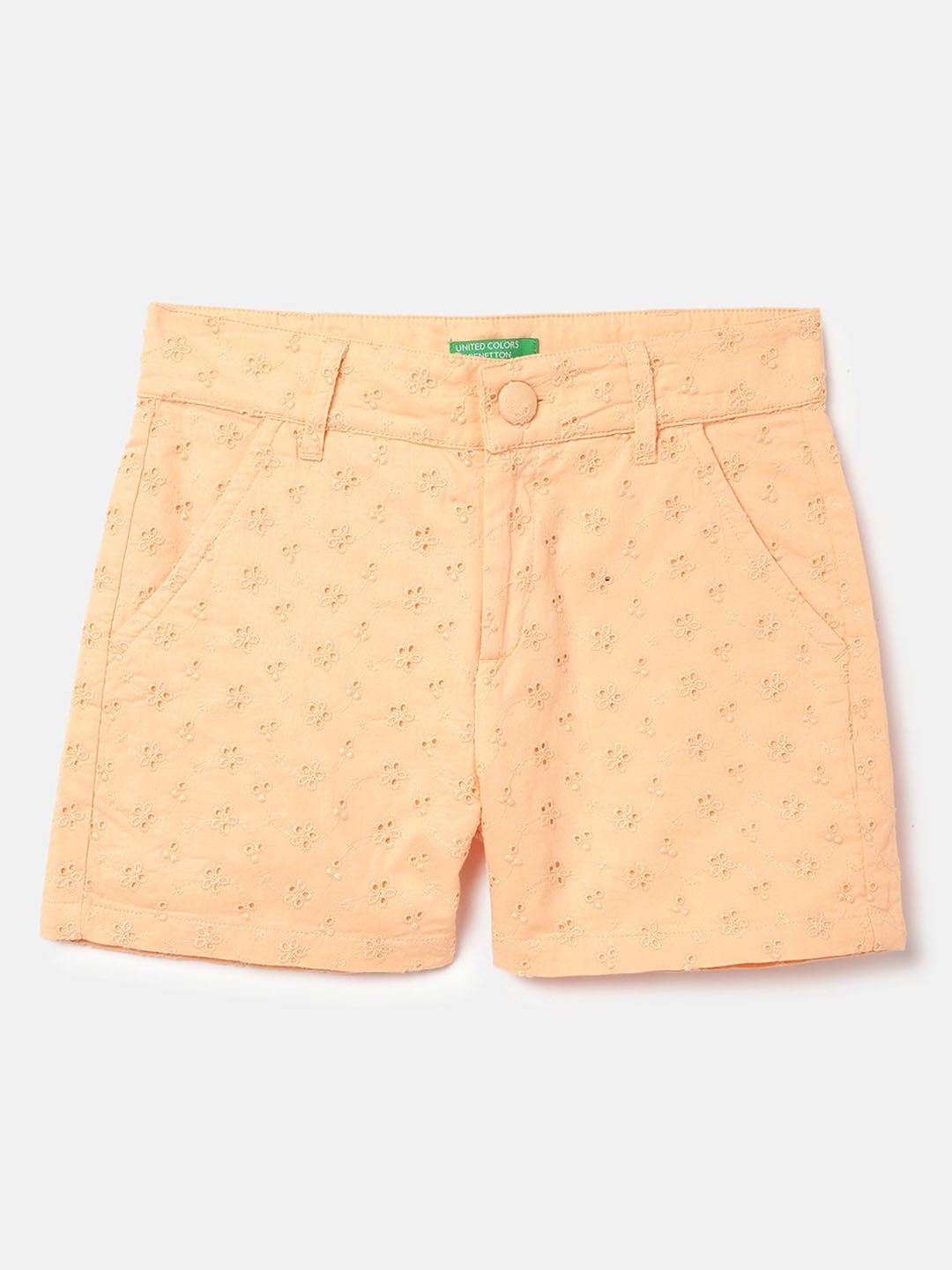 

United Colors of Benetton Girls Mid-Rise Floral Embroidered Pure Cotton Shorts, Orange