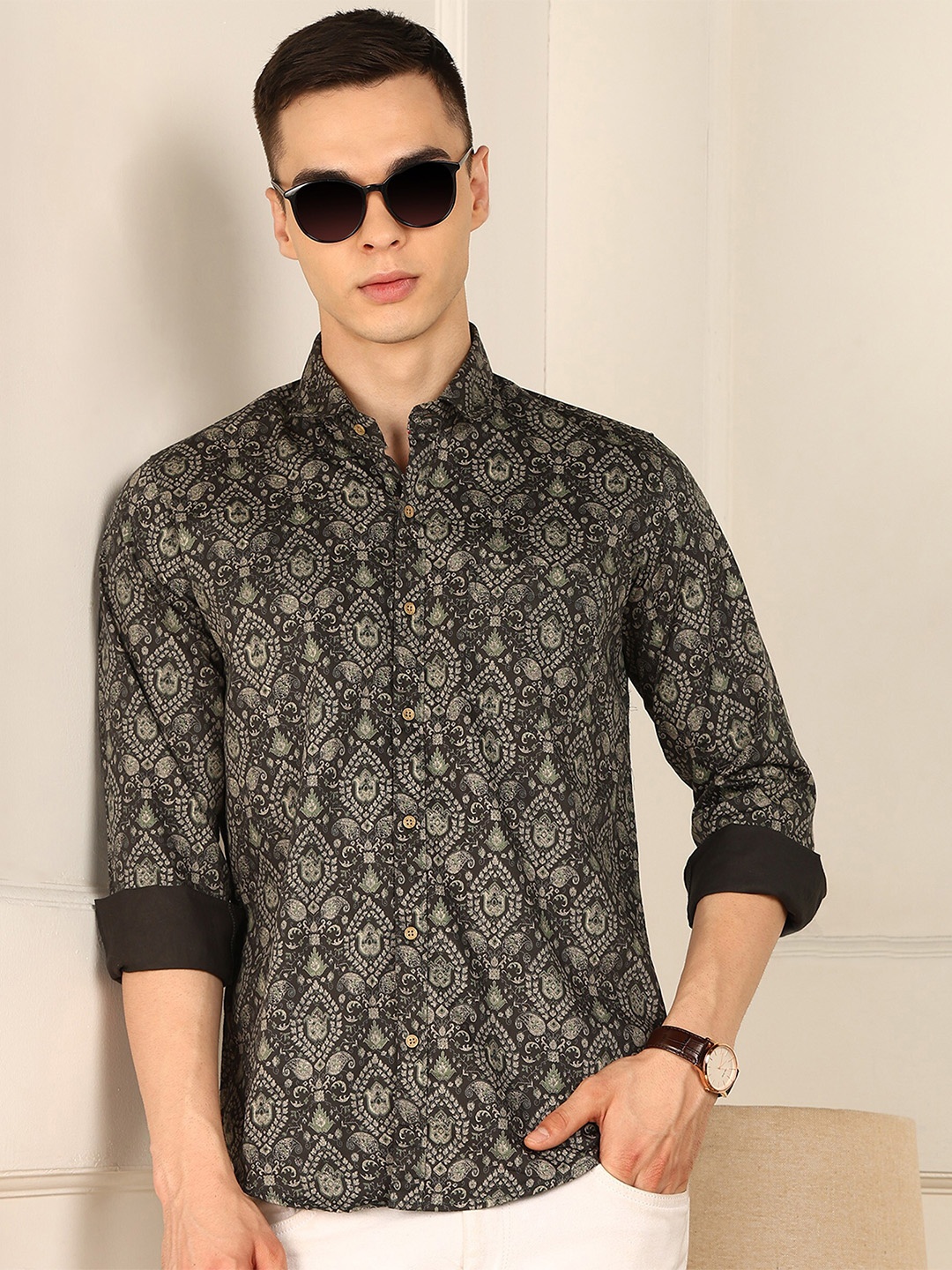 

FUBAR Floral Printed Spread Collar Long Sleeves Slim Fit Cotton Casual Shirt, Green