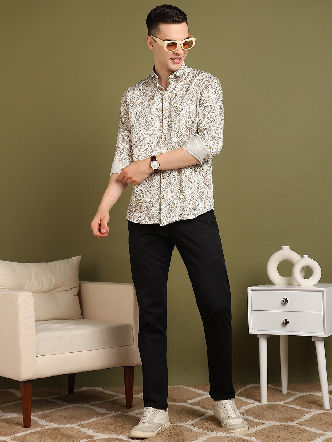 

FUBAR Ethnic Motifs Printed Spread Collar Long Sleeves Slim Fit Cotton Casual Shirt, Cream