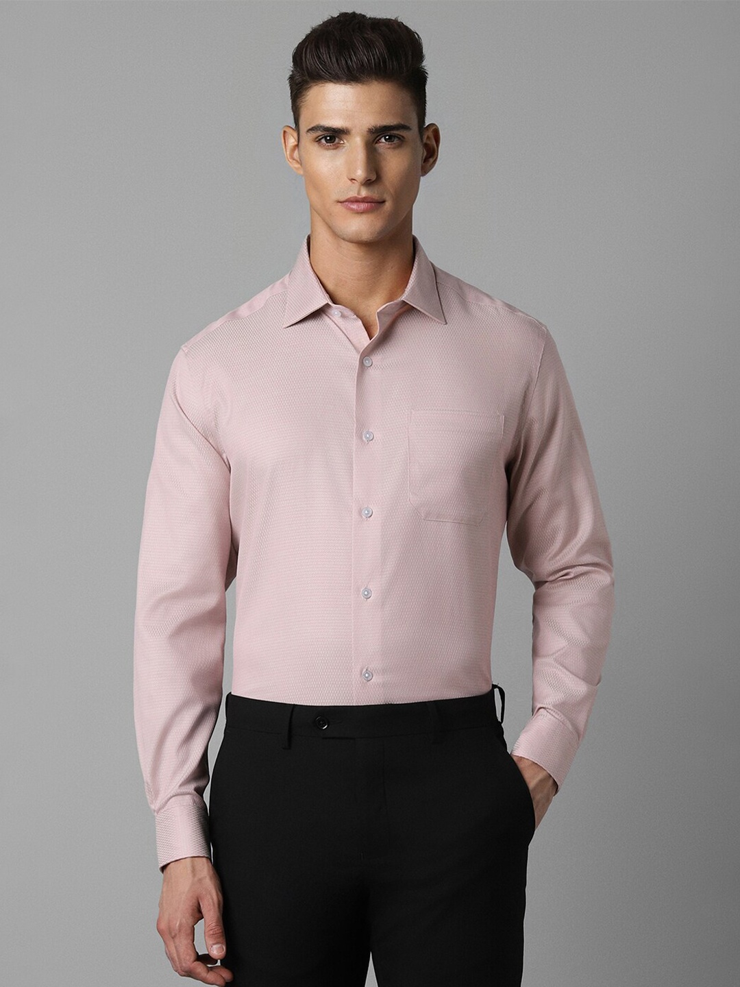 

Louis Philippe Classic Fit Self Design Textured Spread Collar Cotton Formal Shirt, Peach