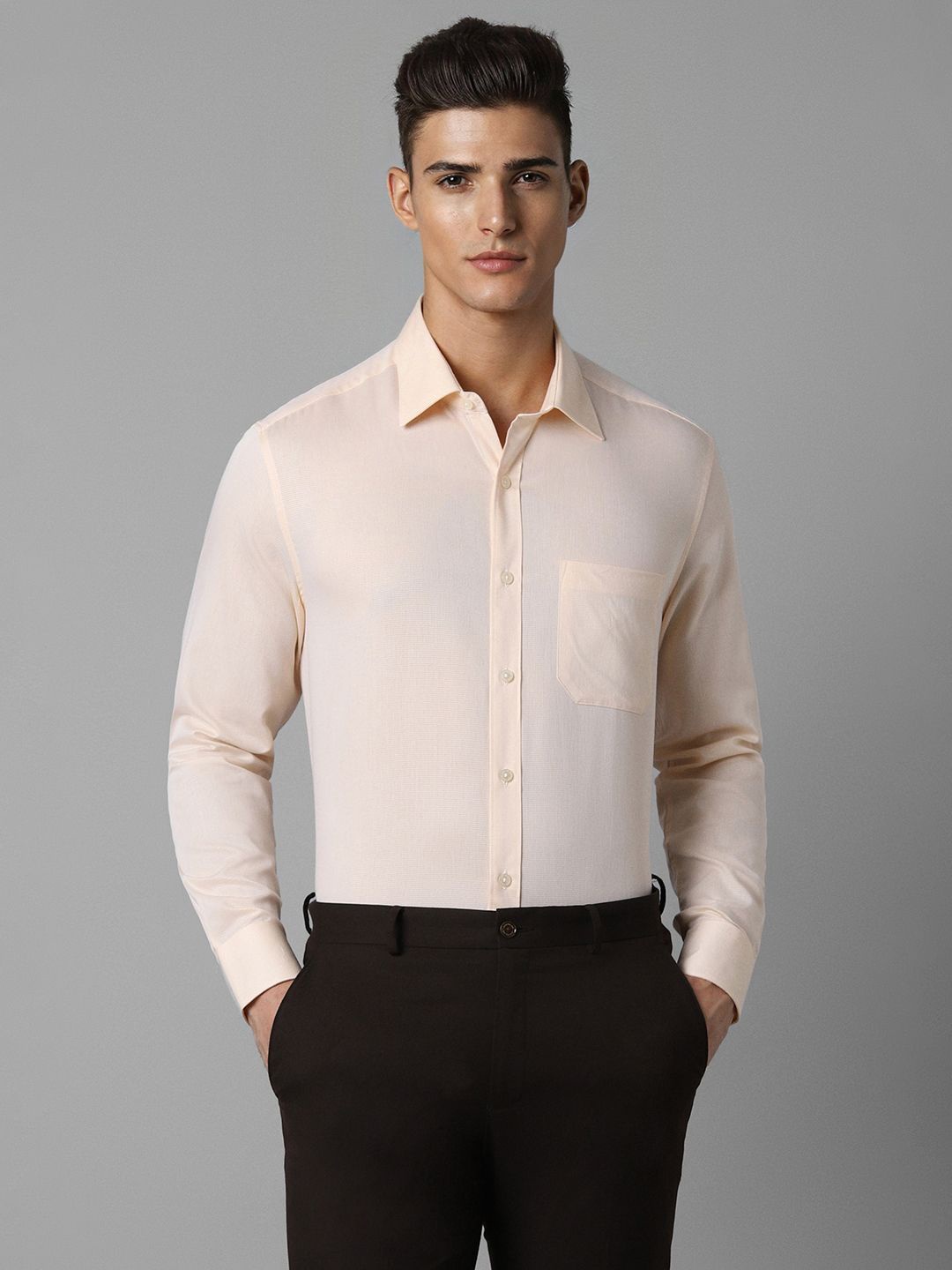 

Louis Philippe Spread Collar Long Sleeves Cotton Formal Shirt, Beige