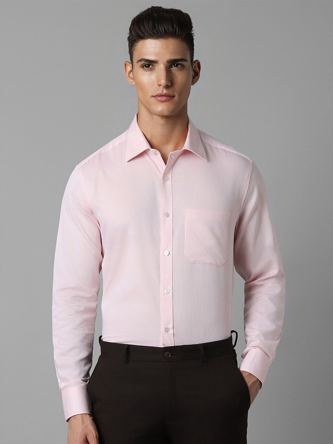 

Louis Philippe Classic Fit Self Design Textured Spread Collar Cotton Formal Shirt, Pink