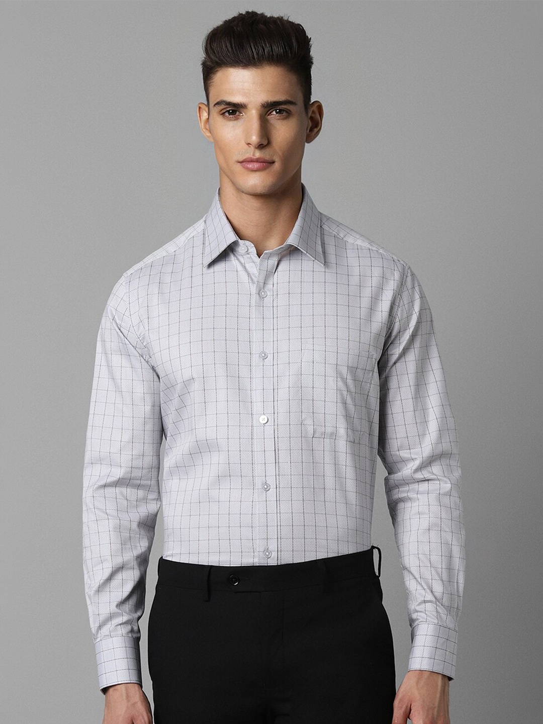 

Louis Philippe Checked Spread Collar Long Sleeves Cotton Formal Shirt, Grey