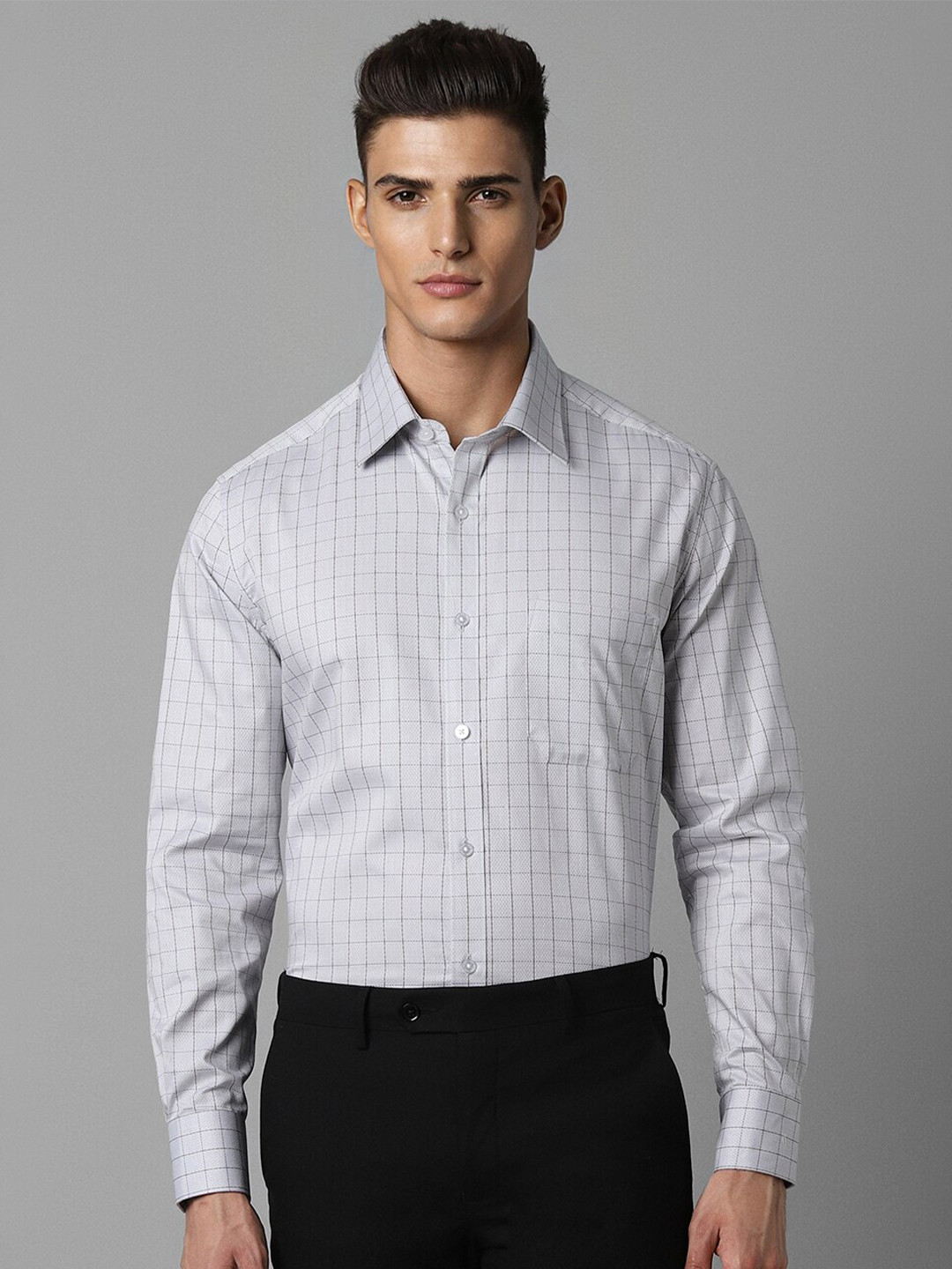 

Louis Philippe Spread Collar Checked Cotton Formal Shirt, Grey