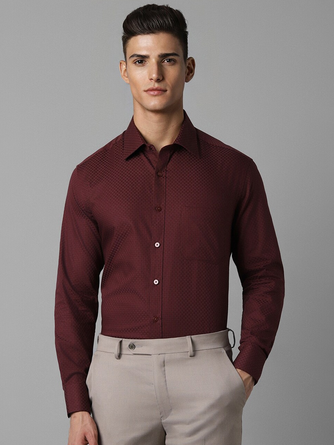 

Louis Philippe Spread Collar Self Design Cotton Formal Shirt, Maroon