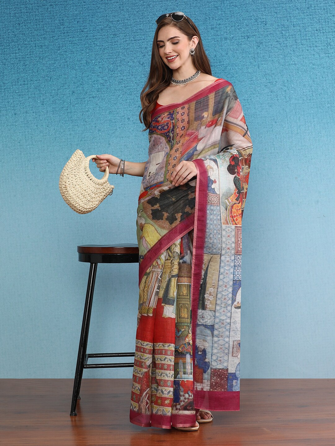 

Silk Land Ethnic Motifs Cotton Silk Digital Print Saree, Red