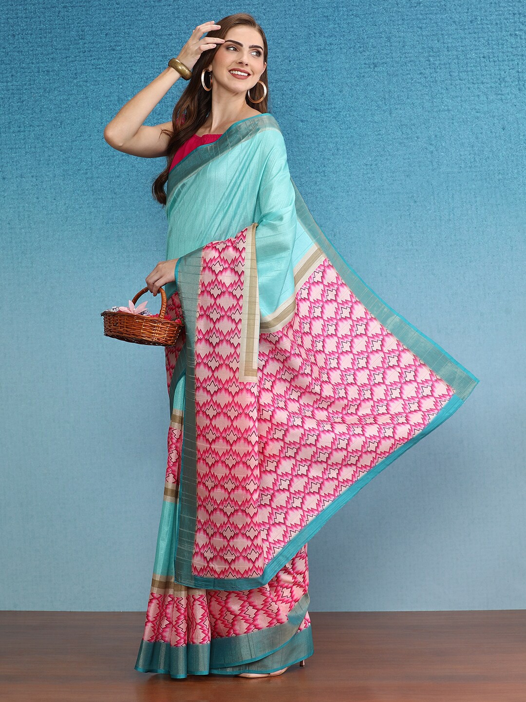 

Silk Land Ethnic Motifs Digital Print Saree, Teal