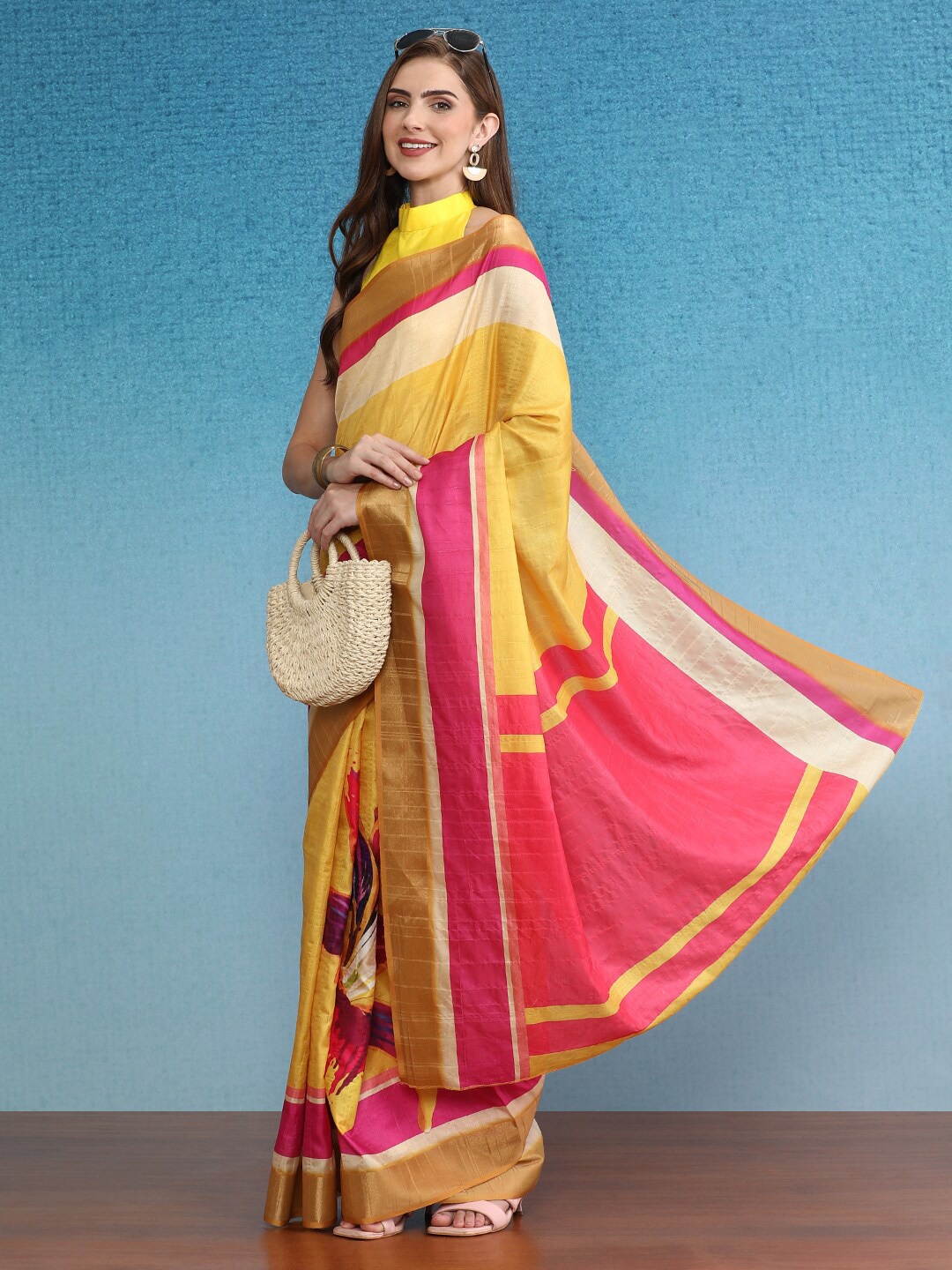 

Silk Land Geometric Printed Zari Banarasi Saree, Mustard