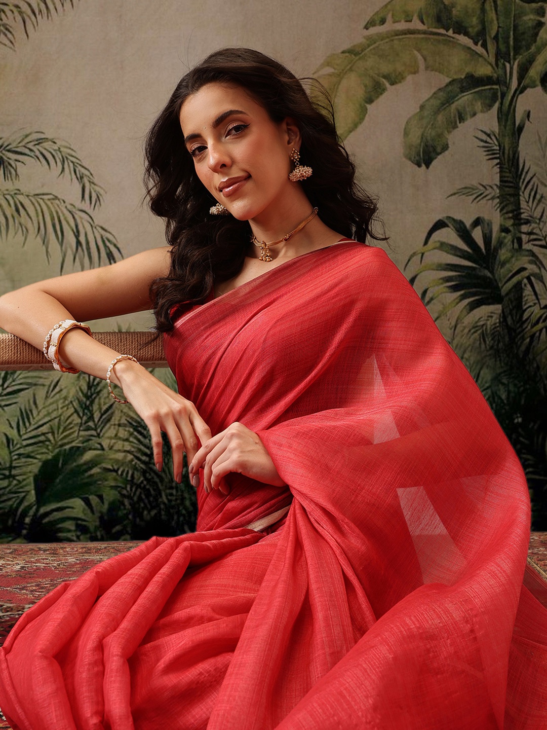 

Silk Land Cotton Silk Digital Print Saree, Red