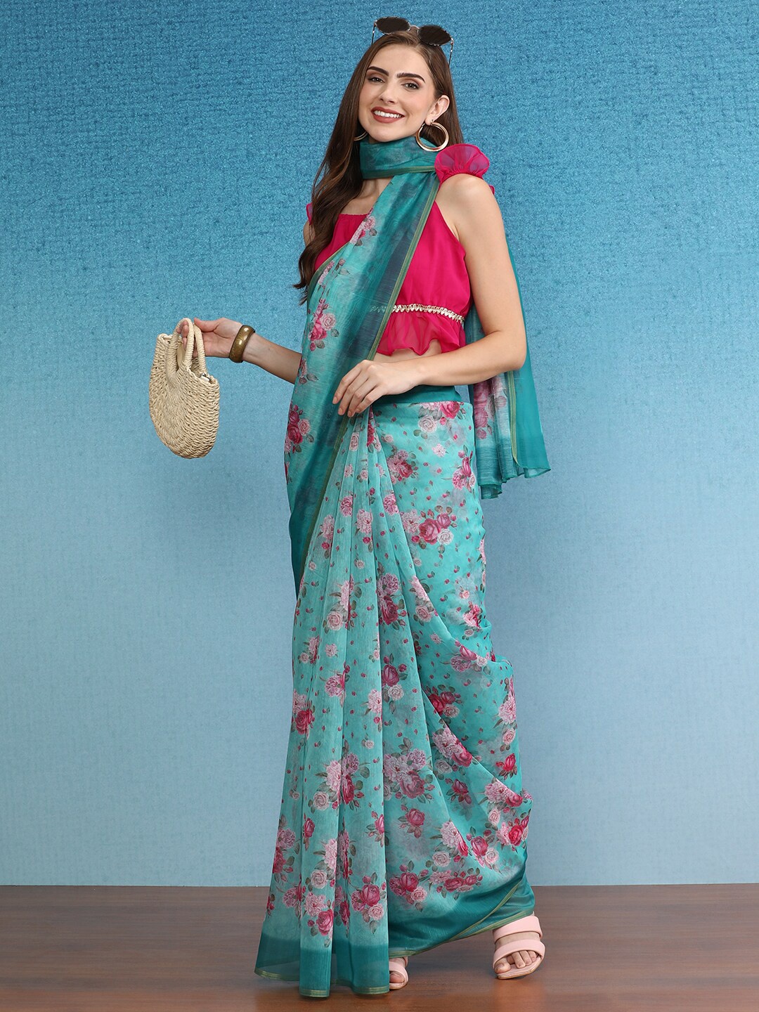 

Silk Land Floral Printed Zari Chanderi Saree, Teal