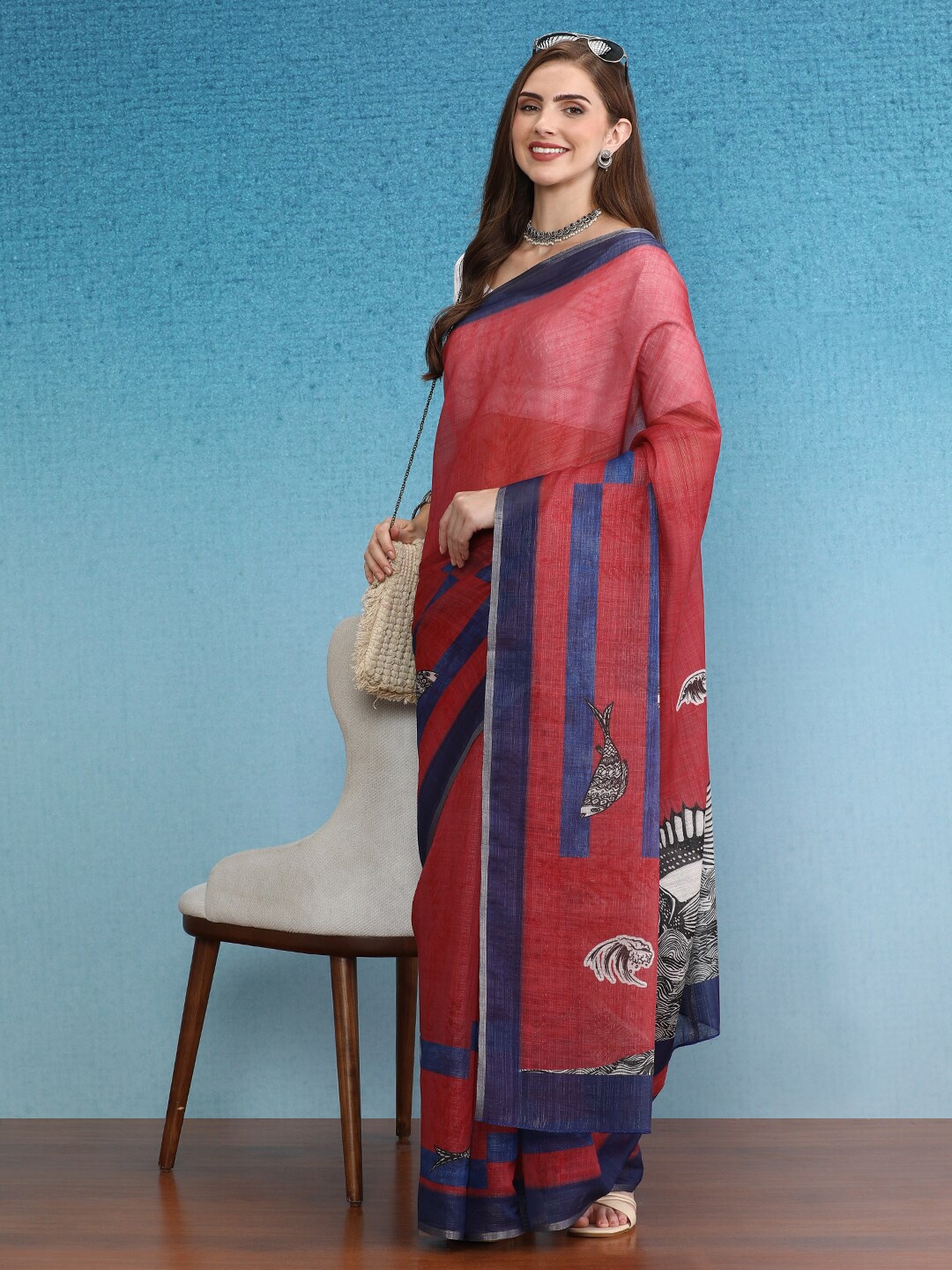 

Silk Land Floral Banarasi Silk Digital Print Saree, Red