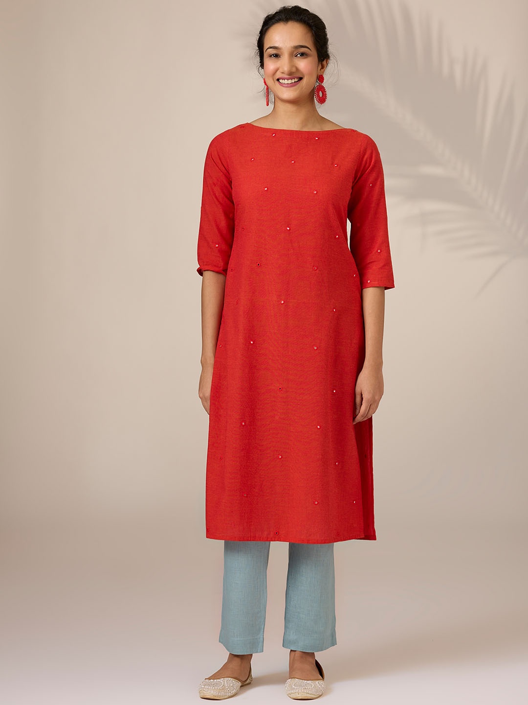 

OKHAI Boat Neck Thread Work Summer Sheers Straight Kurta, Orange